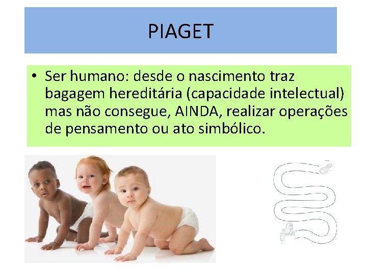 PIAGET • Ser humano: desde o nascimento traz bagagem hereditária (capacidade intelectual) mas não