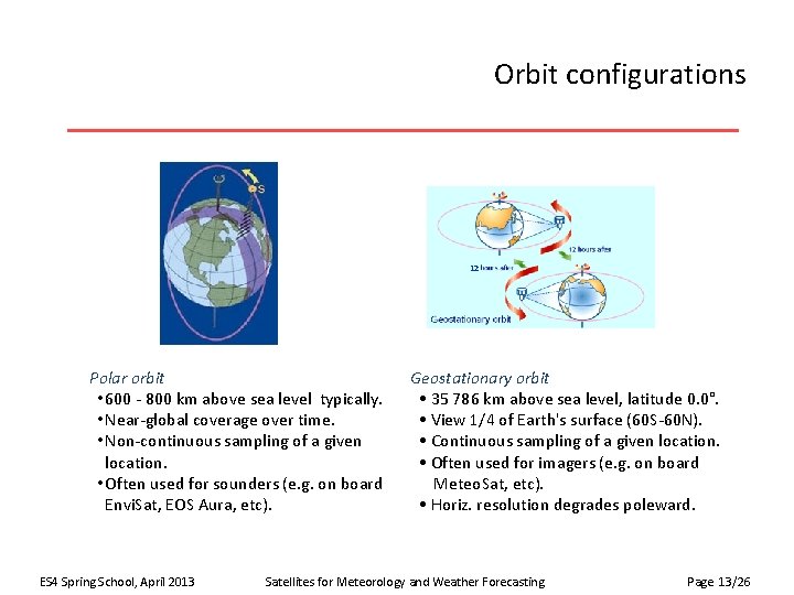 Orbit configurations 12 Polar orbit • 600 - 800 km above sea level typically.