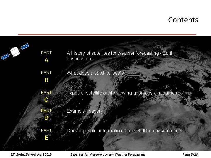 Contents PART A history of satellites for weather forecasting / Earth observation What does