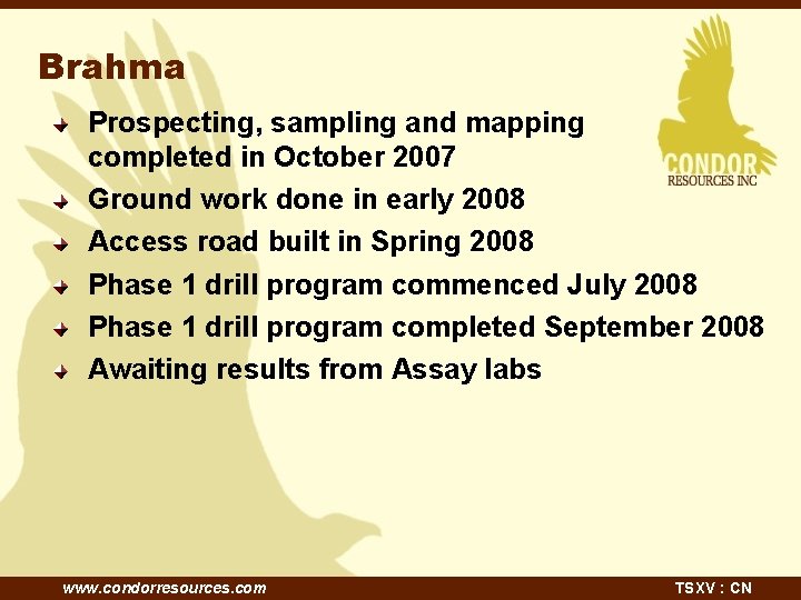 Brahma Prospecting, sampling and mapping completed in October 2007 Ground work done in early