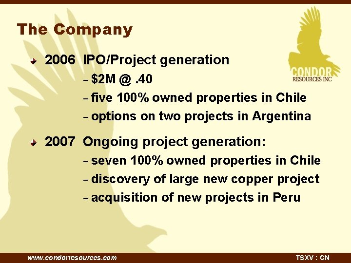 The Company 2006 IPO/Project generation – $2 M @. 40 – five 100% owned