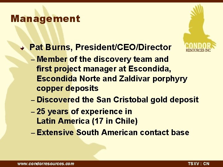 Management Pat Burns, President/CEO/Director – Member of the discovery team and first project manager