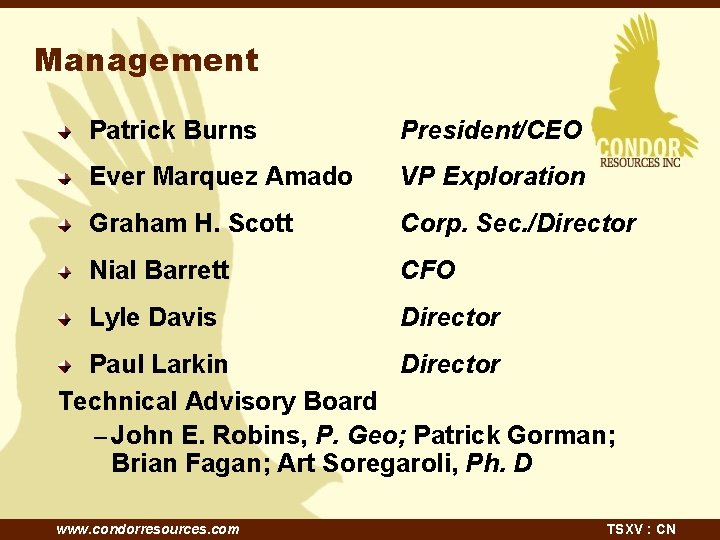 Management Patrick Burns President/CEO Ever Marquez Amado VP Exploration Graham H. Scott Corp. Sec.
