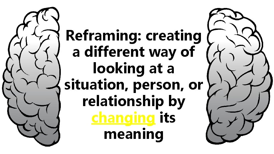 Reframing: creating a different way of looking at a situation, person, or relationship by