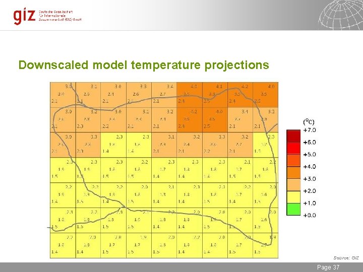 Downscaled model temperature projections Source: GIZ 30. 09. 2020 Seite 37 Page 