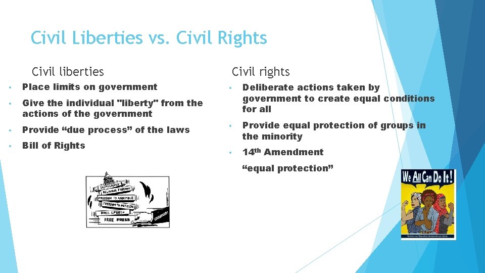 Civil Liberties vs. Civil Rights Civil liberties • Place limits on government • Give