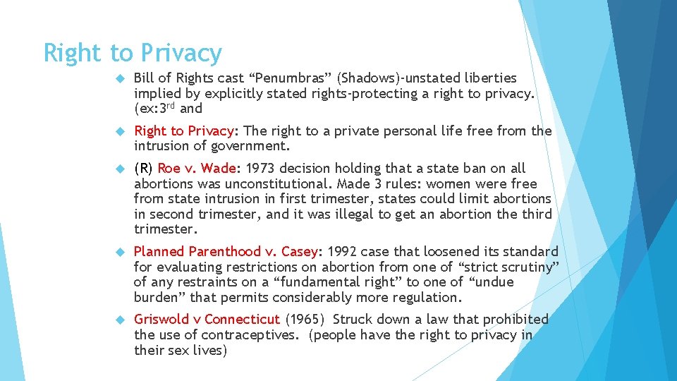 Right to Privacy Bill of Rights cast “Penumbras” (Shadows)-unstated liberties implied by explicitly stated