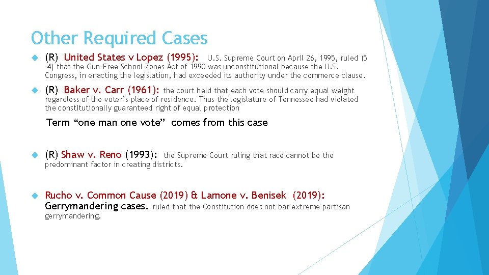Other Required Cases (R) United States v Lopez (1995): (R) Baker v. Carr (1961):