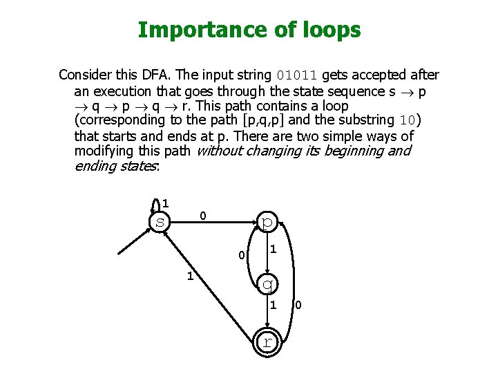 Importance of loops Consider this DFA. The input string 01011 gets accepted after an Importance of loops Consider this DFA. The input string 01011 gets accepted after an