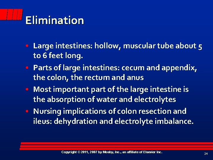 Elimination • Large intestines: hollow, muscular tube about 5 to 6 feet long. •