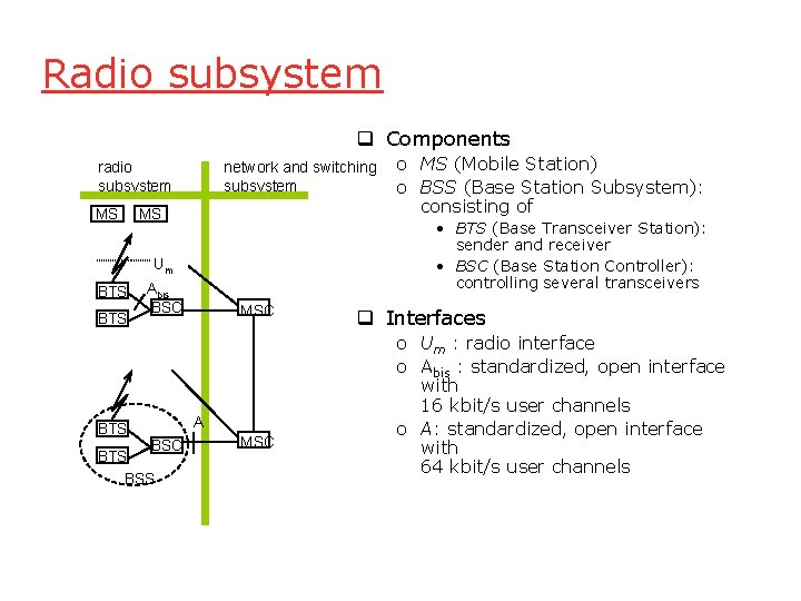 Radio subsystem q Components radio subsystem MS network and switching subsystem MS • BTS