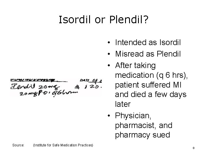 Isordil or Plendil? • Intended as Isordil • Misread as Plendil • After taking