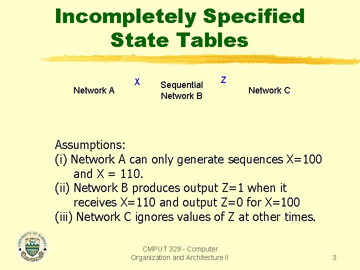 Incompletely Specified State Tables Network A X Sequential Network B Z Network C Assumptions: