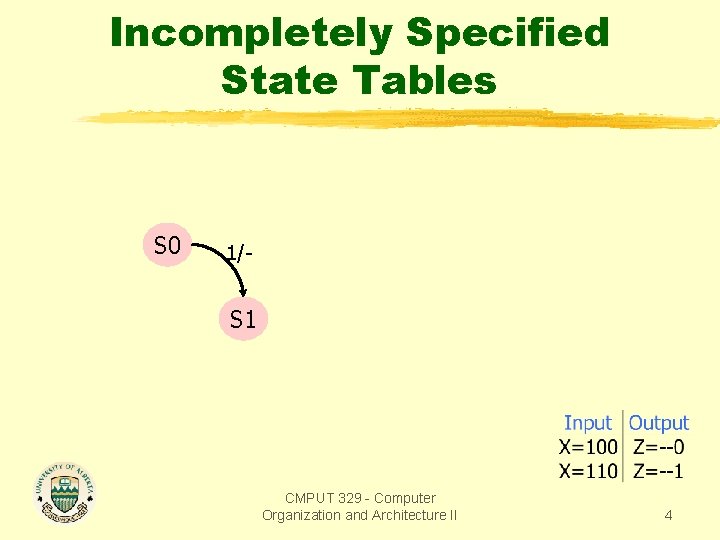 Incompletely Specified State Tables S 0 1/- S 1 CMPUT 329 - Computer Organization