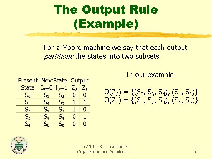 The Output Rule (Example) For a Moore machine we say that each output partitions