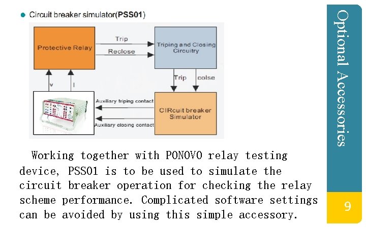 Optional Accessories Working together with PONOVO relay testing device, PSS 01 is to be Optional Accessories Working together with PONOVO relay testing device, PSS 01 is to be