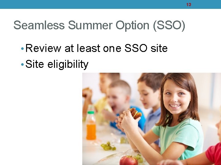 13 Seamless Summer Option (SSO) • Review at least one SSO site • Site