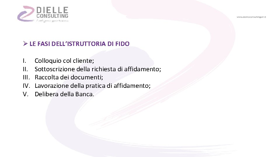 Ø LE FASI DELL’ISTRUTTORIA DI FIDO I. III. IV. V. Colloquio col cliente; Sottoscrizione