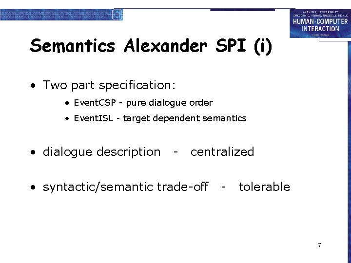 Semantics Alexander SPI (i) • Two part specification: • Event. CSP - pure dialogue