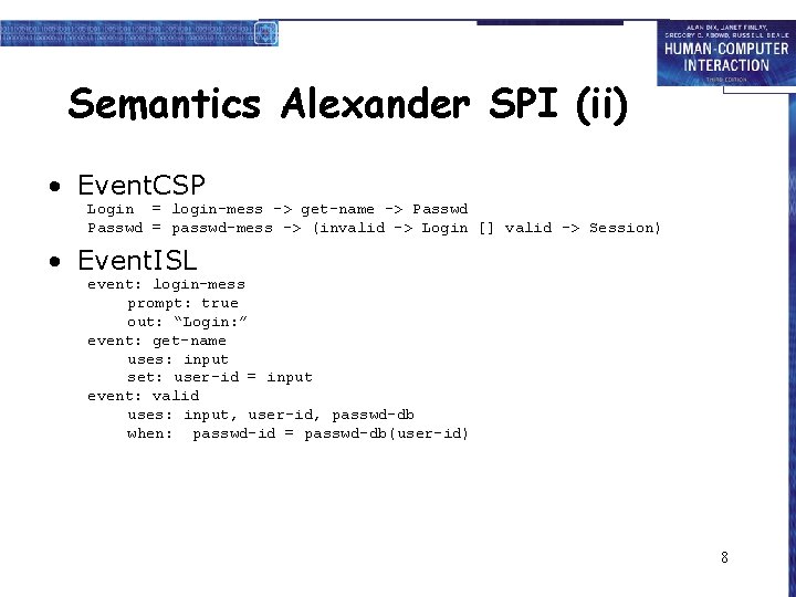Semantics Alexander SPI (ii) • Event. CSP Login = login-mess -> get-name -> Passwd