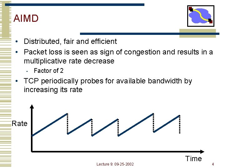 AIMD • Distributed, fair and efficient • Packet loss is seen as sign of