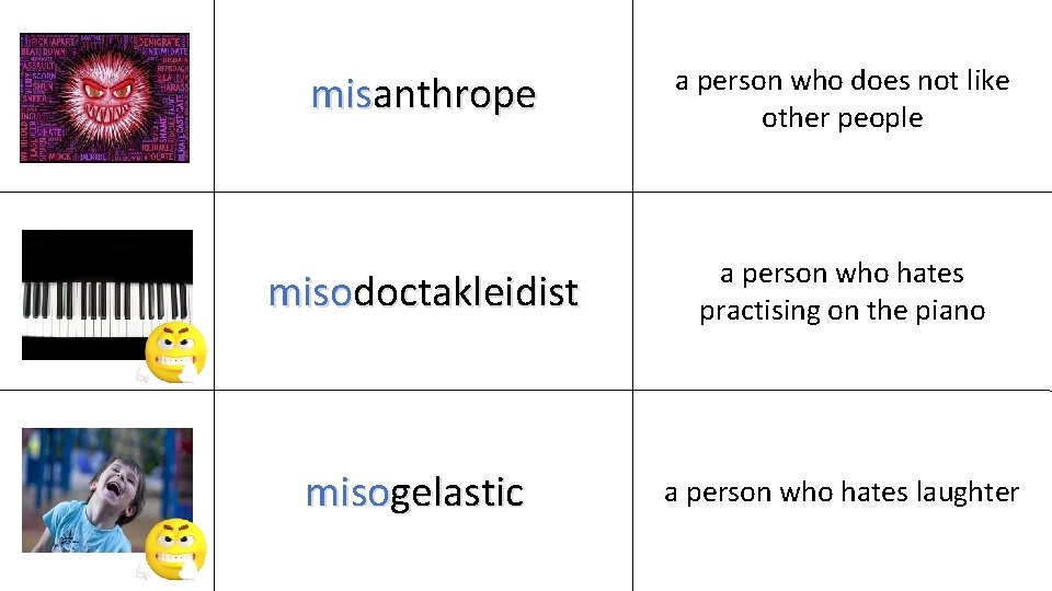 misanthrope a person who does not like other people misodoctakleidist a person who hates