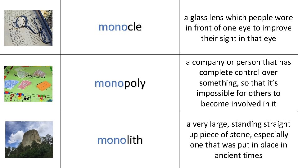 monocle a glass lens which people wore in front of one eye to improve