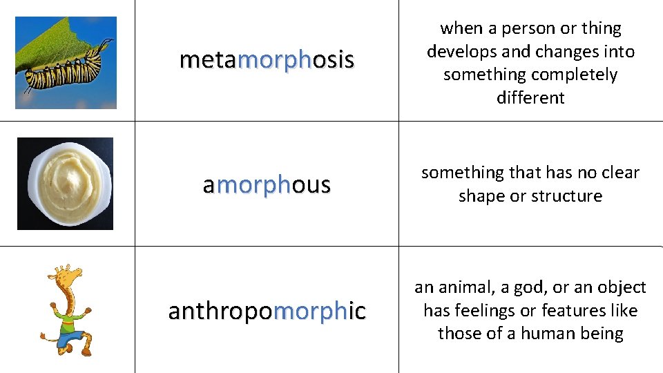 metamorphosis when a person or thing develops and changes into something completely different amorphous