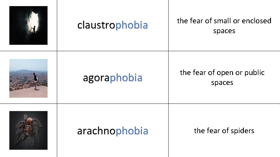 claustrophobia the fear of small or enclosed spaces agoraphobia the fear of open or