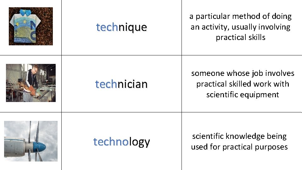 technique a particular method of doing an activity, usually involving practical skills technician someone