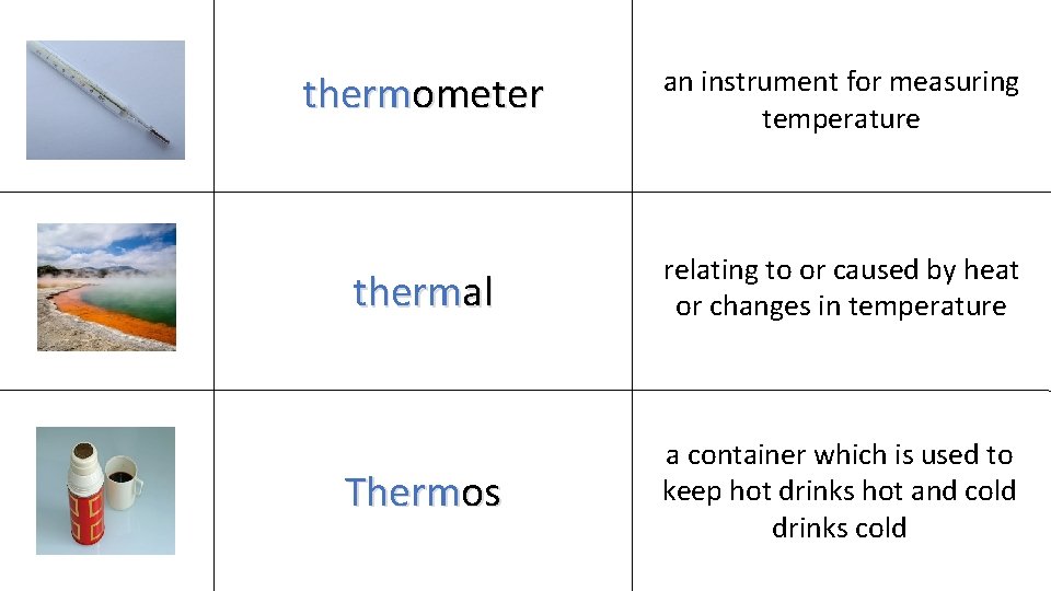 thermometer an instrument for measuring temperature thermal relating to or caused by heat or