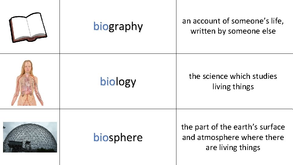biography an account of someone’s life, written by someone else biology the science which