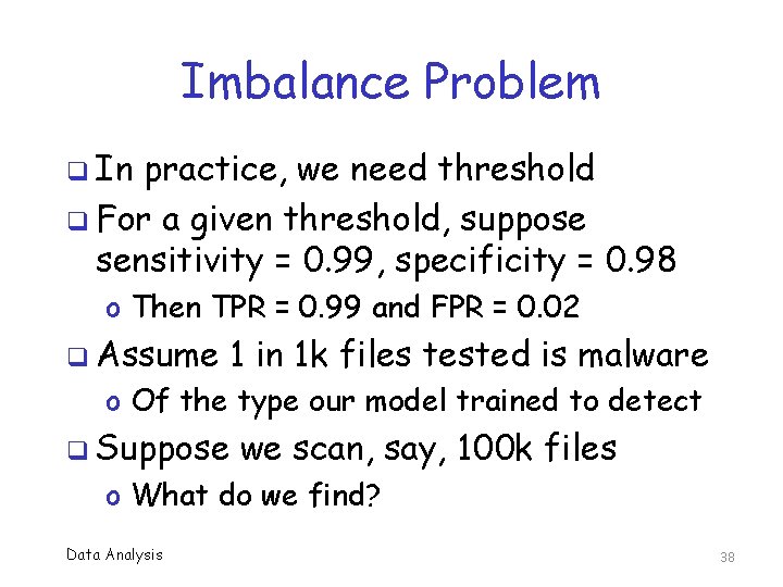 Imbalance Problem q In practice, we need threshold q For a given threshold, suppose