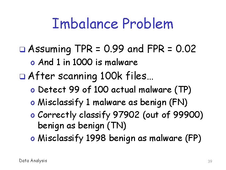 Imbalance Problem q Assuming TPR = 0. 99 and FPR = 0. 02 o