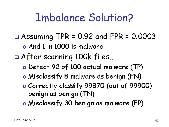 Imbalance Solution? q Assuming TPR = 0. 92 and FPR = 0. 0003 o