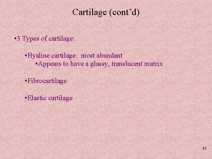 Cartilage (cont’d) • 3 Types of cartilage: • Hyaline cartilage: most abundant • Appears