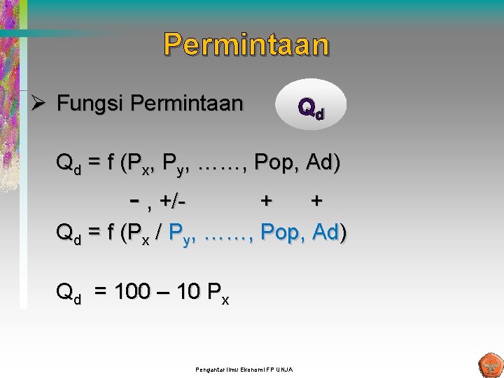 Permintaan Ø Fungsi Permintaan Qd Qd = f (Px, Py, ……, Pop, Ad) - Permintaan Ø Fungsi Permintaan Qd Qd = f (Px, Py, ……, Pop, Ad) -