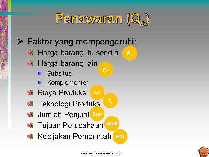 Penawaran (Qs) Ø Faktor yang mempengaruhi: Harga barang itu sendiri Harga barang lain Subsitusi Penawaran (Qs) Ø Faktor yang mempengaruhi: Harga barang itu sendiri Harga barang lain Subsitusi