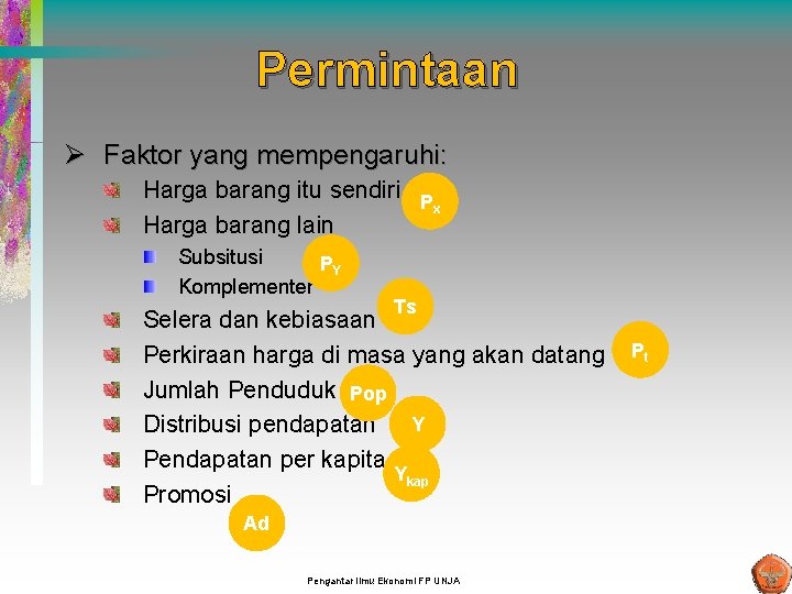 Permintaan Ø Faktor yang mempengaruhi: Harga barang itu sendiri P x Harga barang lain Permintaan Ø Faktor yang mempengaruhi: Harga barang itu sendiri P x Harga barang lain
