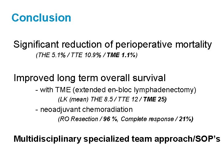 Conclusion Significant reduction of perioperative mortality (THE 5. 1% / TTE 10. 9% /