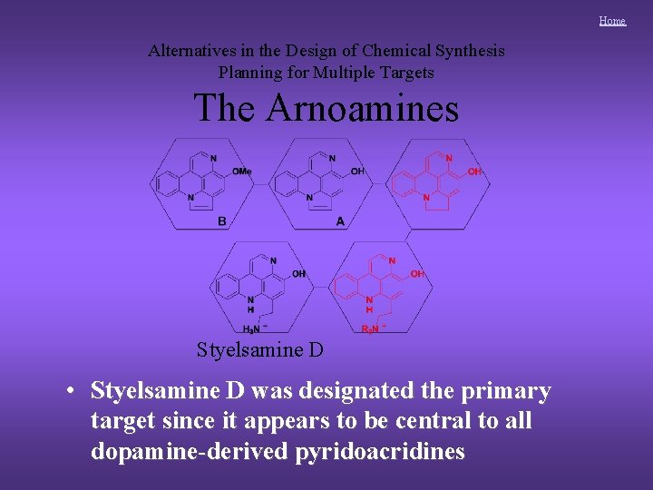 Home Alternatives in the Design of Chemical Synthesis Planning for Multiple Targets The Arnoamines