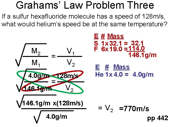 Grahams’ Law Problem Three If a sulfur hexafluoride molecule has a speed of 128