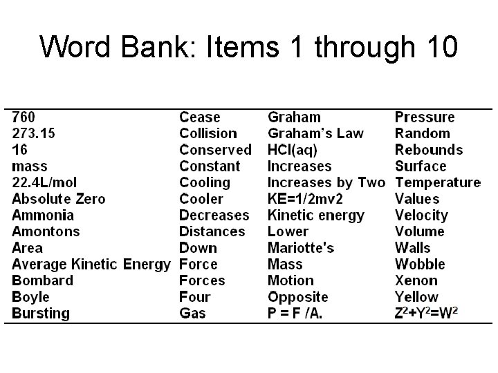 Word Bank: Items 1 through 10 