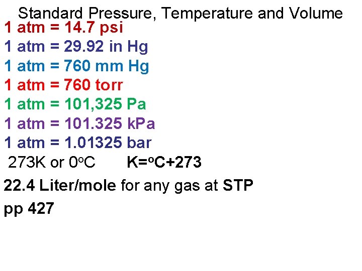Standard Pressure, Temperature and Volume 1 atm = 14. 7 psi 1 atm =