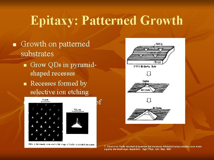 Epitaxy: Patterned Growth n Growth on patterned substrates n n n Grow QDs in