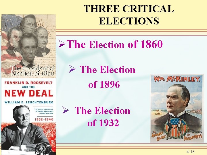 THREE CRITICAL ELECTIONS ØThe Election of 1860 Ø The Election of 1896 Ø The