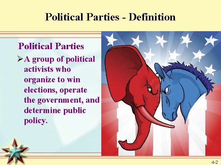 Political Parties - Definition Political Parties ØA group of political activists who organize to