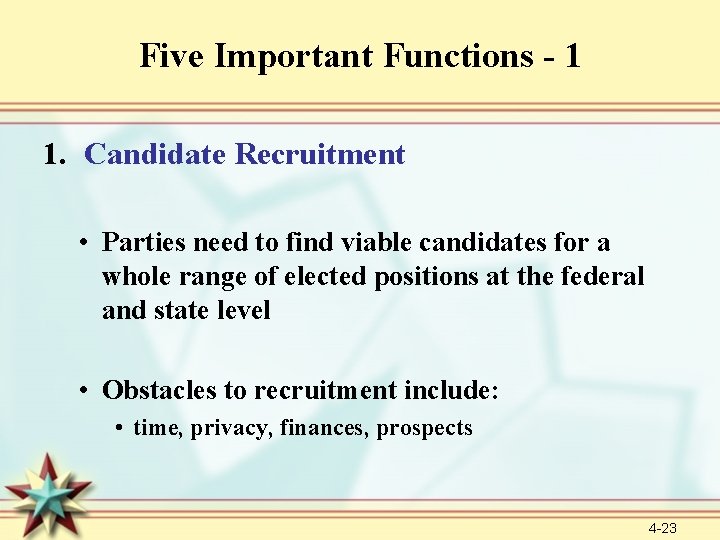 Five Important Functions - 1 1. Candidate Recruitment • Parties need to find viable