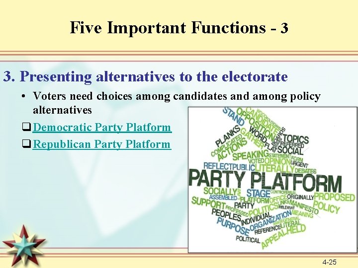 Five Important Functions - 3 3. Presenting alternatives to the electorate • Voters need