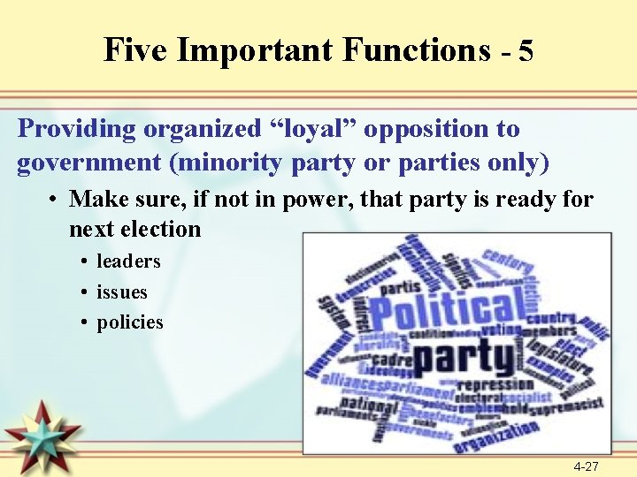 Five Important Functions - 5 Providing organized “loyal” opposition to government (minority party or